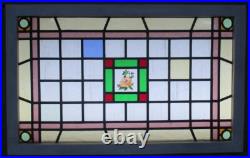 GEOMETRIC HAND PAINTED ENGLISH LEADED STAINED GLASS WINDOW TRANSOM 31 3/4 x 20