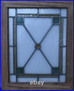 GEOMETRIC OAK FRAME OLD ENGLISH LEADED STAINED GLASS WINDOW 13 1/4 x 16 1/4