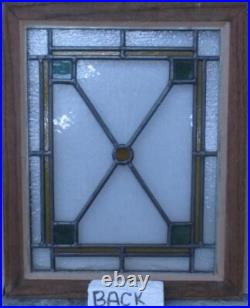 GEOMETRIC OAK FRAME OLD ENGLISH LEADED STAINED GLASS WINDOW 13 1/4 x 16 1/4