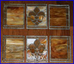 GORGEOUS! 6 Stained Glass Amber Fleur De Lis Panels Window Picture Beveled GORGEOUS! 6 Stained Glass Amber Fleur De Lis Panels Window Picture Beveled