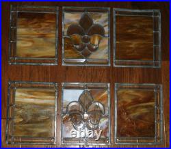 GORGEOUS! 6 Stained Glass Amber Fleur De Lis Panels Window Picture Beveled