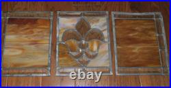 GORGEOUS! 6 Stained Glass Amber Fleur De Lis Panels Window Picture Beveled