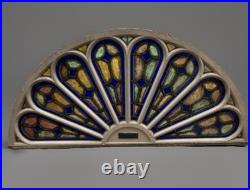 GOTHIC ANTIQUE ARCHED STAINED KILN FIRED GLASS WINDOW 1800s 28 by 61approx