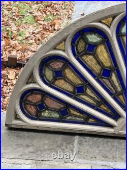 GOTHIC ANTIQUE ARCHED STAINED KILN FIRED GLASS WINDOW 1800s 28 by 61approx