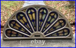 GOTHIC ANTIQUE ARCHED STAINED KILN FIRED GLASS WINDOW 1800s 28 by 61approx