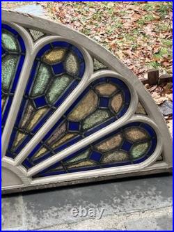 GOTHIC ANTIQUE ARCHED STAINED KILN FIRED GLASS WINDOW 1800s 28 by 61approx