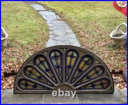 GOTHIC ANTIQUE ARCHED STAINED KILN FIRED GLASS WINDOW 1800s 28 by 61approx