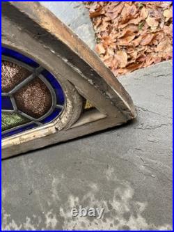 GOTHIC ANTIQUE ARCHED STAINED KILN FIRED GLASS WINDOW 1800s 28 by 61approx