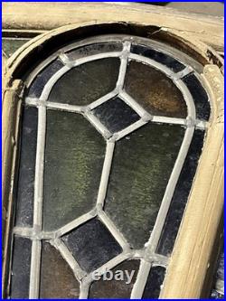 GOTHIC ANTIQUE ARCHED STAINED KILN FIRED GLASS WINDOW 1800s 28 by 61approx