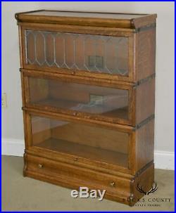 G. Wernicke Antique Oak 3 Stack Barrister Bookcase with Leaded Glass Door & Drawer