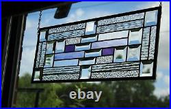 Geometric, beveled, violet, purple, gray, clear Stained Glass Hanging 21 3/8 x 8 3/8