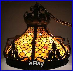 Gorgeous ANTIQUE WILLIAMSON 27 Bronze Leaded Glass Ceiling Shade c. 1910 lamp