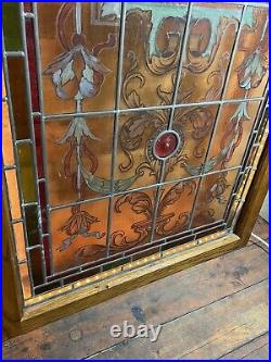 Gorgeous Antique Stained Glass Lead Landing Window 32x62