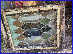 HUGE LOT ANTIQUE STAINED SLAG GLASS WINDOW PANELS Pieces Church Wood Frames