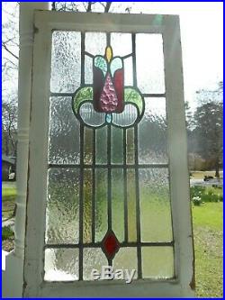 H-31-536 Lovely Older English Tulip Leaded Stain Glass Window 31 3/8 X 16 5/8