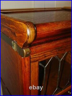 Half size antique oak barrister bookcase leaded glass door-15613