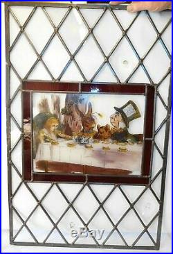 Hand Painted Alice In Wonderland Stained Glass Window Genuine Antique Bullions