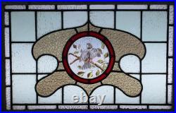 Hand Painted Bird Victorian English Leaded Stained Glass Window 27 X 19