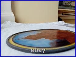 Hand painted house scene in leaded stained glass oval window fragment. RH018 Hand painted house scene in leaded stained glass oval window fragment. RH018
