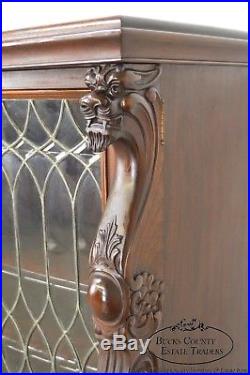 Horner Antique Mahogany Lion Head Claw Foot Leaded Glass 3 Door Bookcase