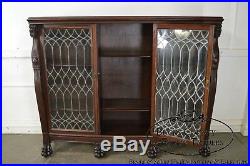 Horner Antique Mahogany Lion Head Claw Foot Leaded Glass 3 Door Bookcase