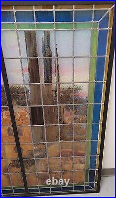 Incredible Extra Large 67 Antique Leaded Glass Window With Landscape And Castle