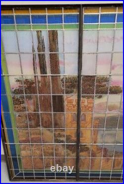 Incredible Extra Large 67 Antique Leaded Glass Window With Landscape And Castle