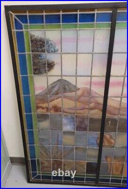 Incredible Large 67 Antique Leaded Glass Window With Landscape And Castle $3500