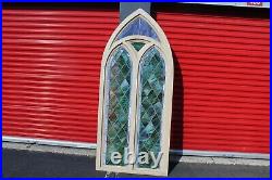 LARGE Antique Stained Glass Window Cathedral Shape Wood Frame Architectural Gard