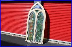 LARGE Antique Stained Glass Window Cathedral Shape Wood Frame Architectural Gard