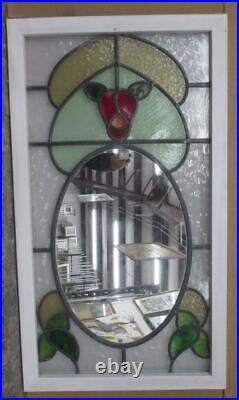 LARGE OLD ENGLISH LEADED STAINED GLASS WINDOW Floral Mirror 36 1/4 x 20 3/4