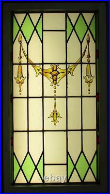 LARGE OLD ENGLISH LEADED STAINED GLASS WINDOW Lovely Hand Painted 21.5 x 39.75