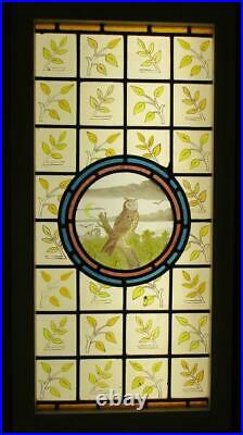 LARGE OLD ENGLISH LEADED STAINED GLASS WINDOW Lovely Hand Painted Owl 17.25x34