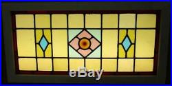 LARGE OLD ENGLISH LEADED STAINED GLASS WINDOW Neat Victorian Geometric 35 x 18