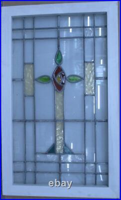 LARGE OLD ENGLISH LEADED STAINED GLASS WINDOW PRETTY FLORAL 32 x 19 1/2