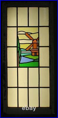 LARGE OLD ENGLISH LEADED STAINED GLASS WINDOW Windmill SCENE 44 1/4 x 20 1/4