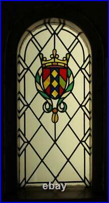 LARGE OLD ENGLISH LEADED STAINED GLASS WINDOW heraldic Shield 18 x 36