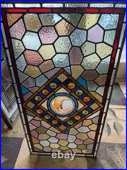Large Antique English Handpainted Leaded Stained glass Window Circa 1880s