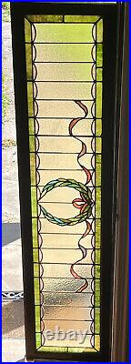 Large Antique Stained Leaded Glass Window, Brooklyn Brownstone 1910 Wreath Bows