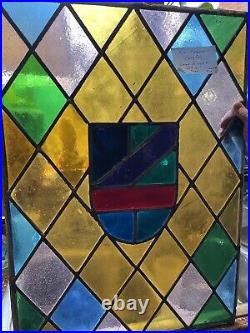 Large Antique Tudor Style Stained And Leaded Glass Shield Transom Window Panel