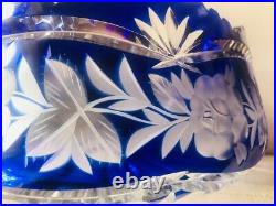 Large Cobalt Blue Cut to Clear Czech Bohemian Lead Crystal Saw Tooth Bowl