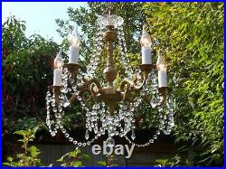 Large French Style Vintage Gilt Ornate Lead Crystal & Glass Chandelier 5 lights