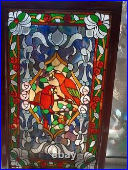 Large Stained Glass Window Panel Parrots Birds, Flowers 23X37 Beautiful