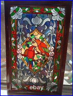 Large Stained Glass Window Panel Parrots Birds, Flowers 23X37 Beautiful