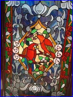 Large Stained Glass Window Panel Parrots Birds, Flowers 23X37 Beautiful