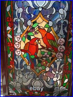 Large Stained Glass Window Panel Parrots Birds, Flowers 23X37 Beautiful