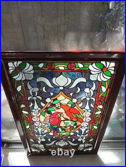 Large Stained Glass Window Panel Parrots Birds, Flowers 23X37 Beautiful