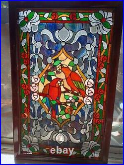 Large Stained Glass Window Panel Parrots Birds, Flowers 23X37 Beautiful