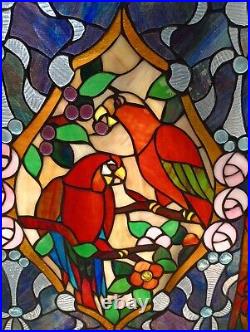 Large Stained Glass Window Panel Parrots Birds, Flowers 23X37 Beautiful