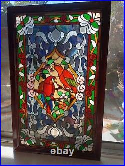 Large Stained Glass Window Panel Parrots Birds, Flowers 23X37 Beautiful